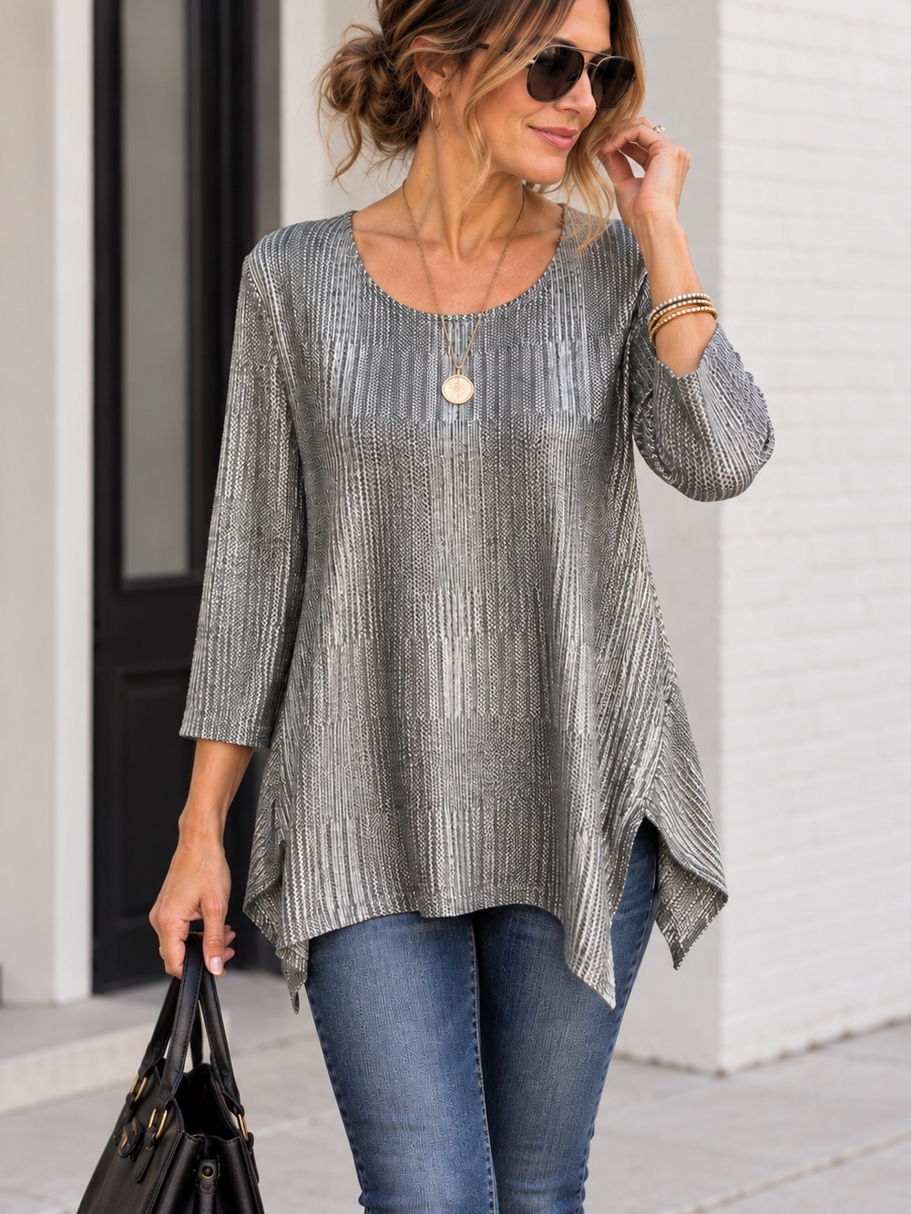 NWOT Clara Sun Woo Light Gray Metallic Textured Women's Knit Sweater Tunic